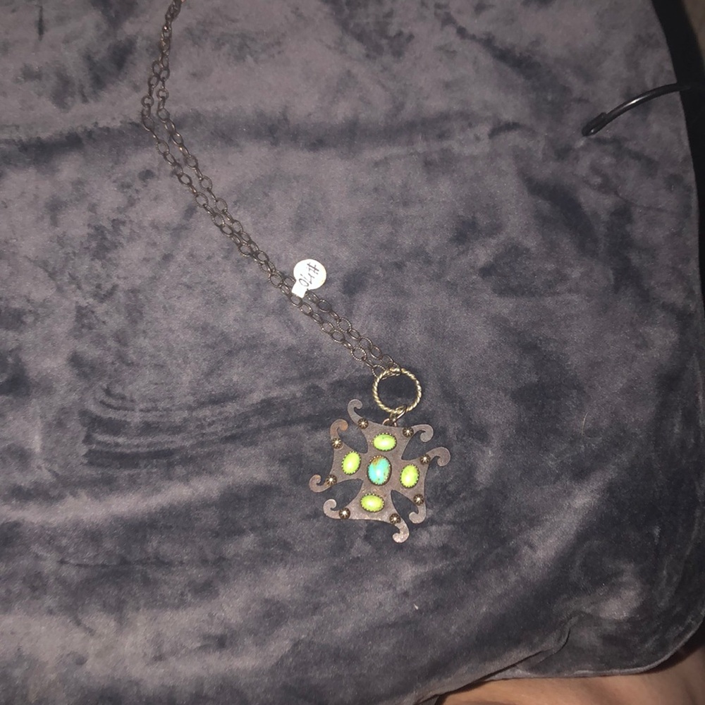 Cross necklace with turquoise and green stones